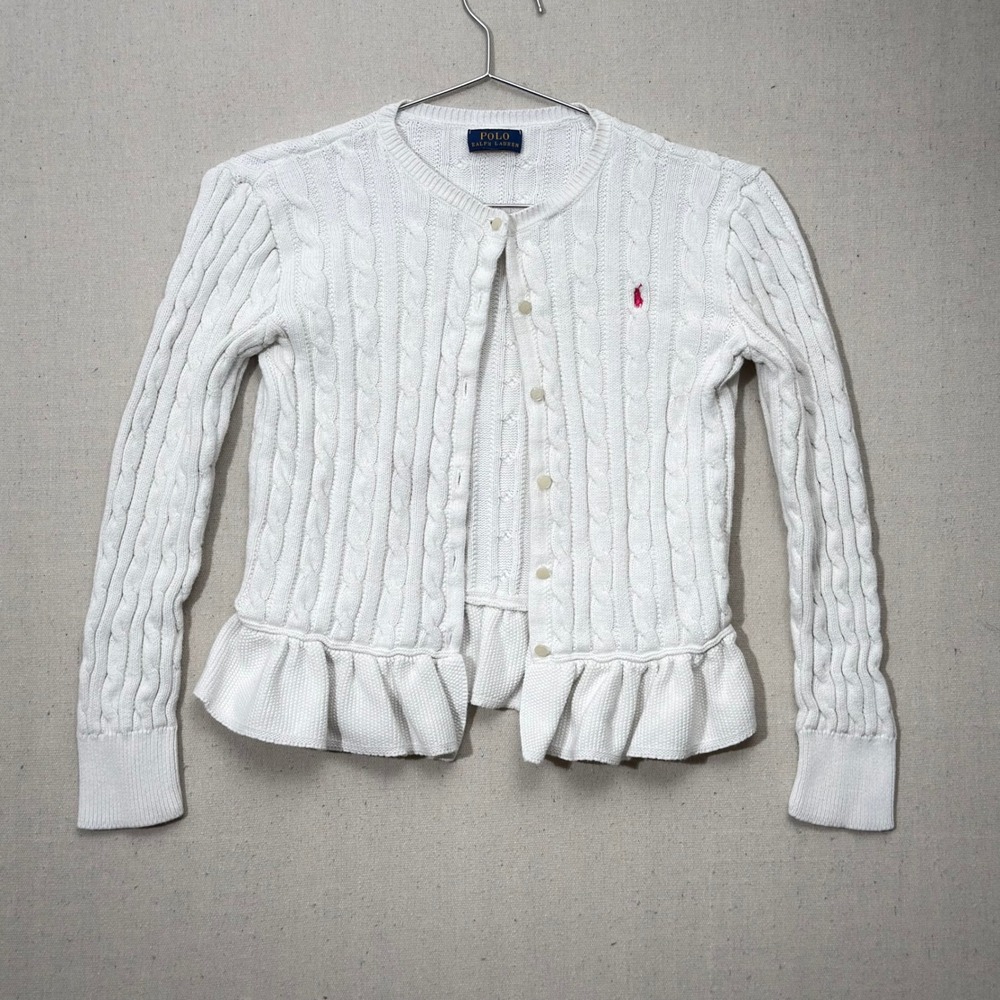 Polo Ralph Lauren Girls White Cable Knit Ruffle Cardigan Pink Pony Cotton